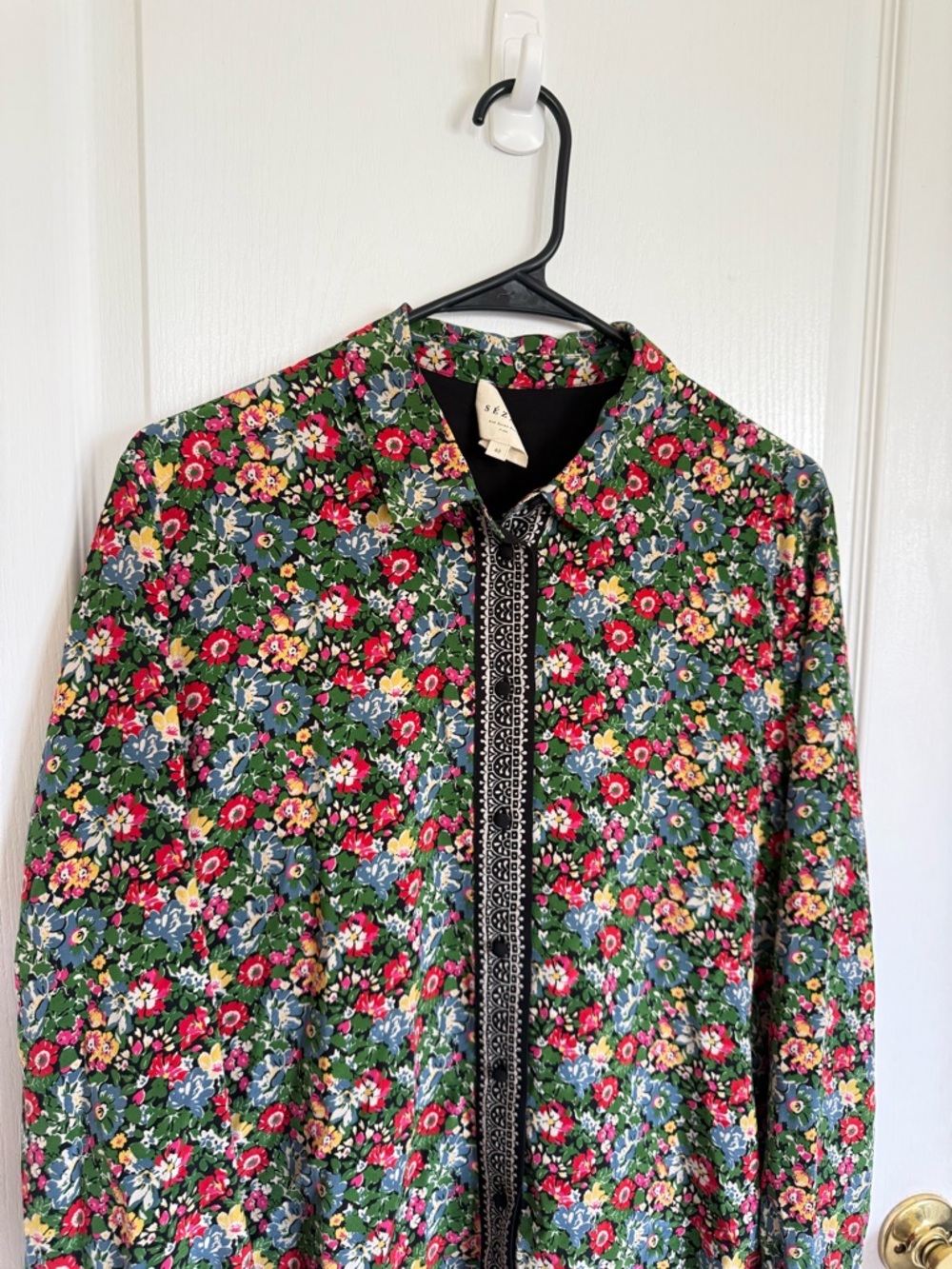 Sezane Green Floral Button-Up Blouse with Pink and Yellow Accents - Picture 5 of 7
